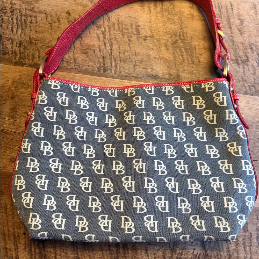 Dooney & Bourke Navy Canvas Logo Shoulder Bag with Red Trim